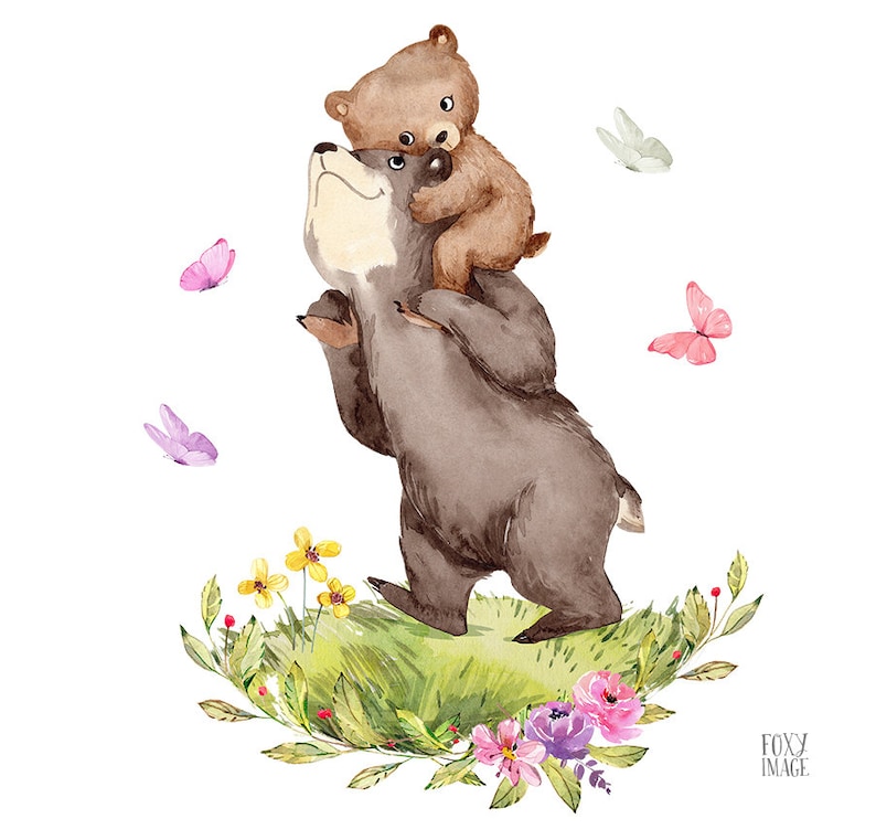 Puede incluir: Una ilustraci&oacute;n de acuarela de dos osos marrones, uno montando en la espalda del otro, rodeados de follaje verde, flores amarillas y mariposas rosas.