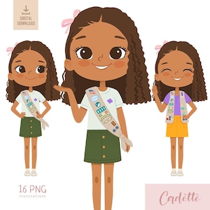 Cadette Girl Clip Art, Scout Girl Graphics, PNG Scout Girl Art, Cadette Girl Scouts, Sash Vest, Troop Scouts Clipart, Cadette Black Girl