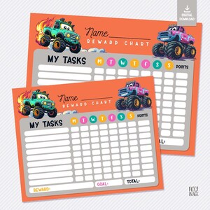 Tableau des récompenses Monster Truck pour enfants - tableau de comportement imprimable pour les tout-petits, garçons, apprentissage de la propreté, tableau de motivation personnalisé amateurs de véhicules
