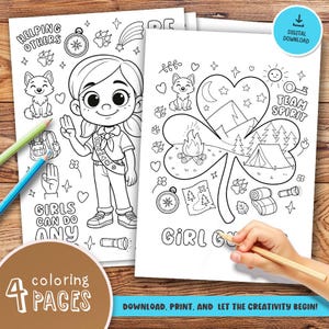 May include: Two coloring pages with line art illustrations. One features a girl scout with text that says "Helping Others" and "Girls Can Do Any". The other page has a clover with camping elements. The text says "Team Spirit" and "Girl Gu".