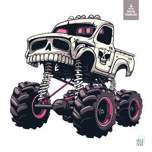 Puede incluir: Ilustración de un monster truck con diseño de calavera. El camión es blanco con detalles en negro y rosa, incluyendo los neumáticos y los detalles de la calavera. La imagen tiene un icono de descarga digital.