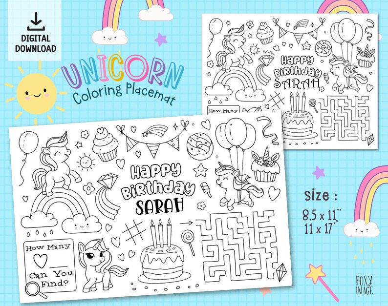 Editable Unicorn Party Coloring Page Placemat, PRINTABLE Custom ...