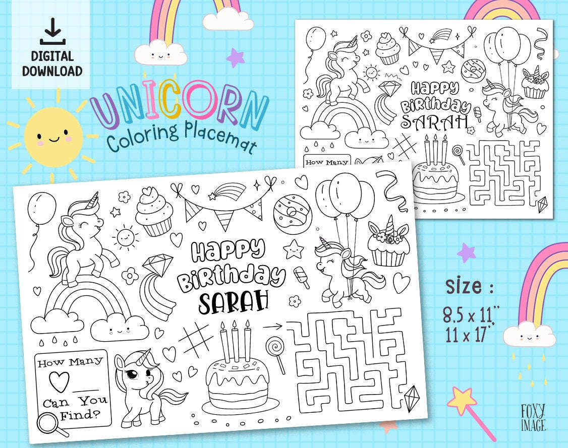 Editable Unicorn Party Coloring Page Placemat, PRINTABLE Custom ...