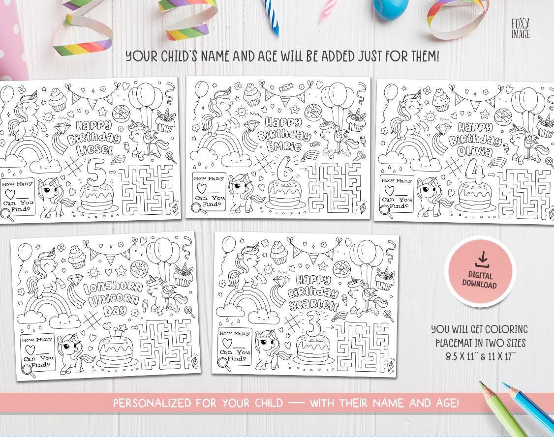 Unicorn Party Coloring Page Placemat, PRINTABLE Custom Personalized ...