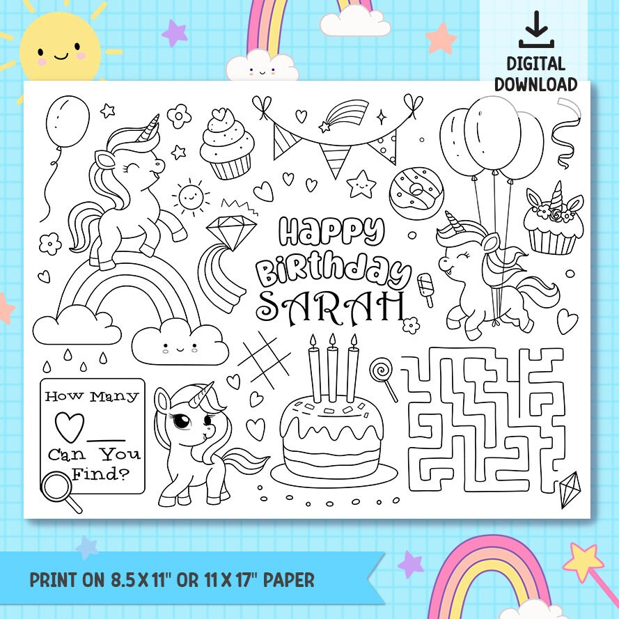 Editable Unicorn Party Coloring Page Placemat, PRINTABLE Custom ...