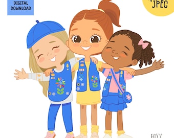 Daisies Scouts, niñas felices abrazándose, imágenes prediseñadas de amigos, niñas de la escuela, niños multiculturales, tropa de scouts, imágenes prediseñadas de niños diversos, niña margarita