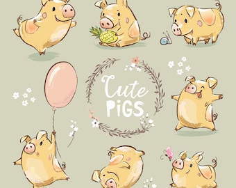 Baby Piglet Set. Cute Tiny Yellow Pigs in Different Poses, Instant Digital Download, PNG, Graphic, Clip Art, Cute Piggies, Funny Pigs