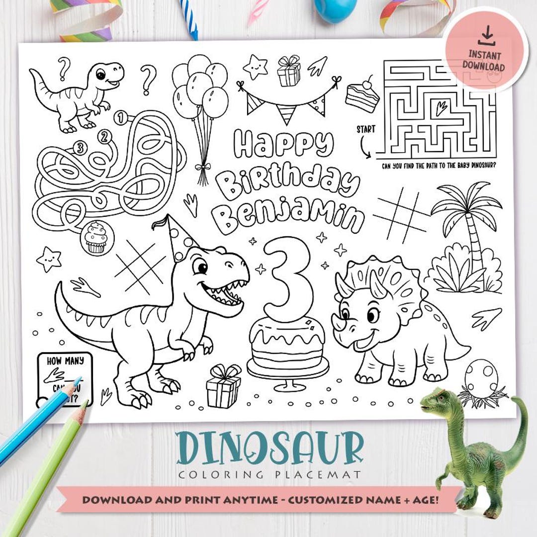 Personalized Dinosaur Coloring Placemat | Custom Birthday Activity for ...