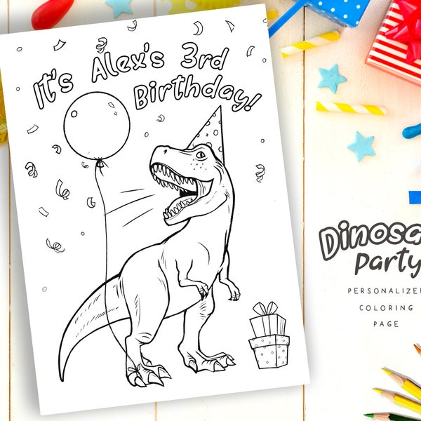 Personalized Dinosaur Coloring Page, TRex Dinosaur Party, Printable Dinosaur, dinosaur activity, dinosaur printables, birthday part, dino