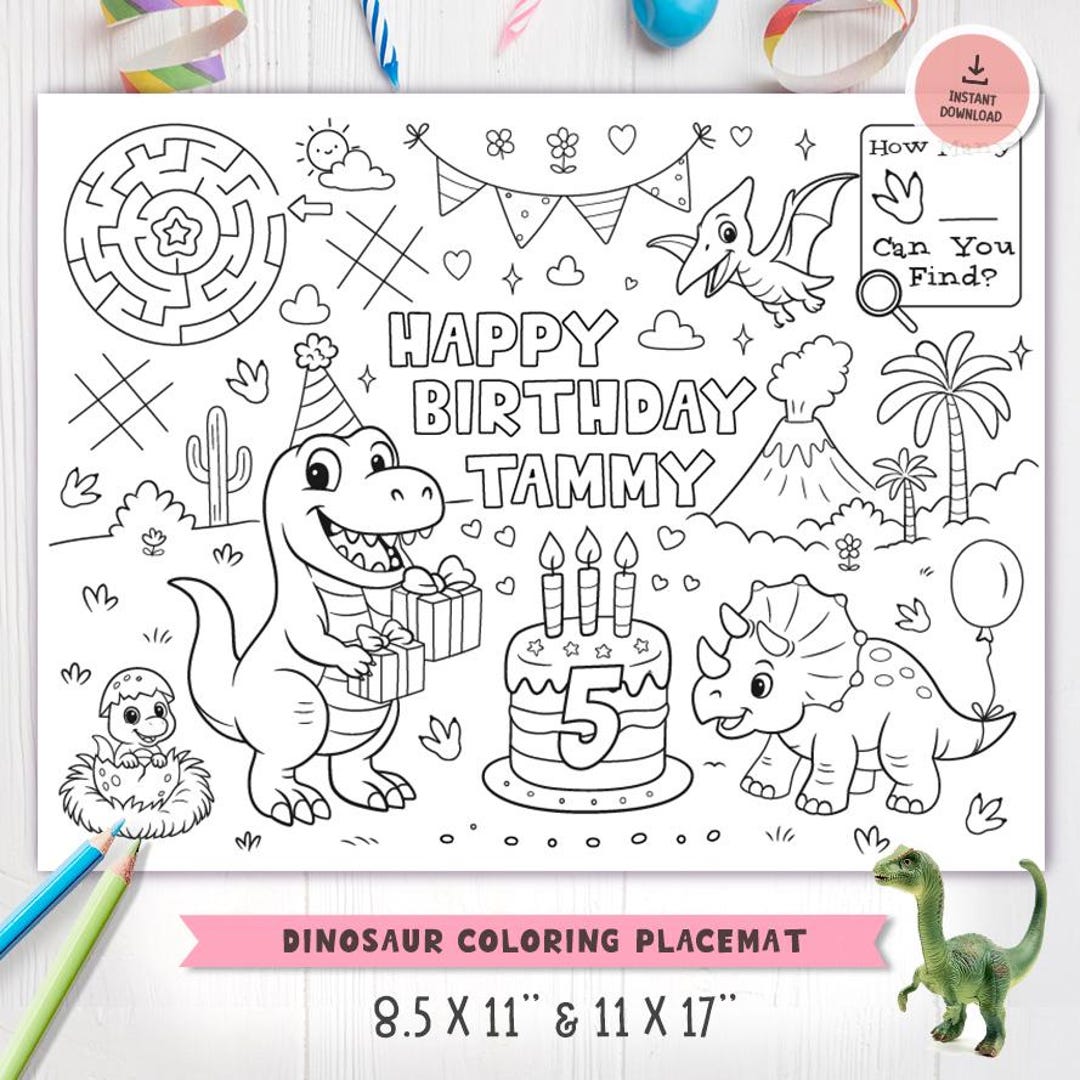 Personalized Dinosaur Birthday Coloring Placemat: Dino Party Activity ...