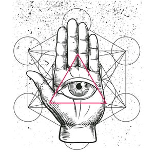 Sacred Geometry Hand, Boho, Eye of Providence, Magic Symbols, T-shirt Print, Printable Wall Art, Tattoo Design, Black and White, PNG,
