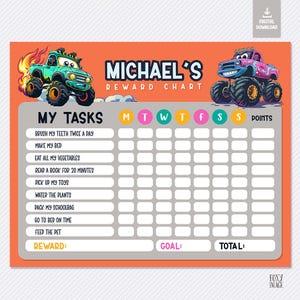 Tableau des récompenses Monster Truck pour enfants - tableau de comportement personnalisé imprimable pour les tout-petits, garçons, apprentissage de la propreté, tableau de motivation personnalisé