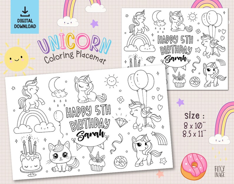 Personalized Unicorn Coloring Page Placemat, Printable Coloring PDF for ...