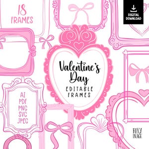 Valentine&#39;s Day Frames Doodle Clipart, Line Frames SVG JPG, Black & White Border,  Frame Clipart, Editable Border, Frame PNG Clipart, Pink