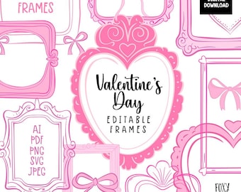 Valentine's Day Doodle Frames Clipart: Black, White, Pink (Digital Download)