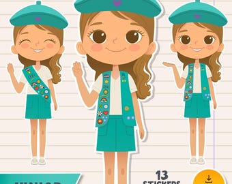Pegatinas para niñas inspiradas en la infancia: adorables PNG con temática scout para manualidades. Personajes con chaleco verde. Imágenes prediseñadas de niñas scout, niña aventurera.