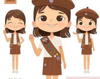 Image clipart fille brune aux cheveux bruns, heureux scouts, graphiques de brownie scout, brownies scouts, gilet à ceinture, cliparts de troupes de scouts, équipe de brownies