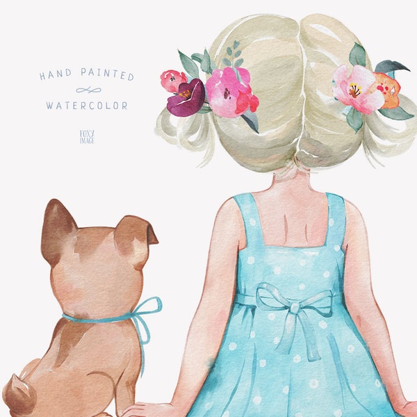 Aquarelle Petite fille et chiot, Fille et petit chien Pastel Clipart, Fille, Pet PNG, Kids Pastel, Baby Shower, Spring Clipart, Best Friends