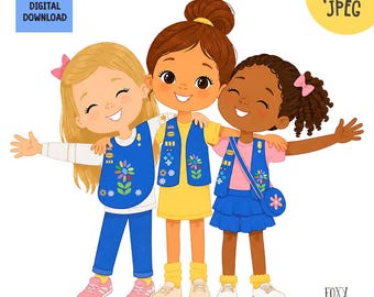 May include: A digital illustration of three children standing together with arms around each other. They wear blue vests adorned with colourful flower and badge patches over casual clothing. Each child has a different hair colour and style with bows.