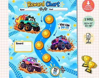 Monster Truck Reward Chart Printable, Kids Token Board, Visual Behavior Chart, 5 Step Reward System