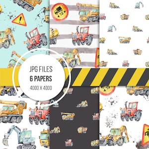 Papier NUMÉRIQUE, Aquarelle Machines de construction Papier, Clipart d’excavatrice, Clipart de camion, Bétonnière, Machines de construction Modèle sans couture