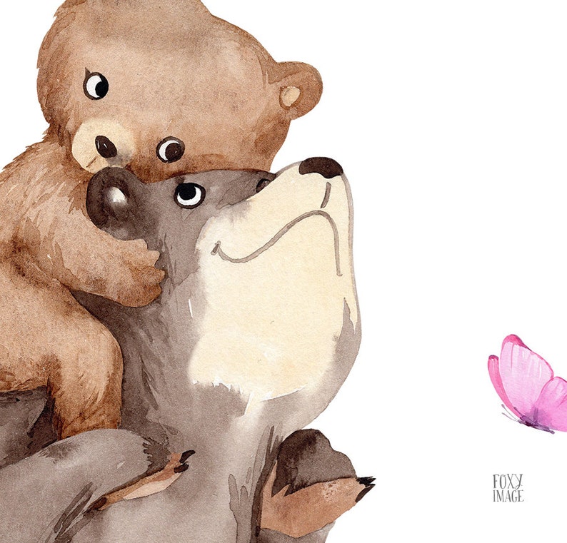 Puede incluir: Una ilustraci&oacute;n de acuarela de un cachorro de oso marr&oacute;n montando en la espalda de un oso gris m&aacute;s grande. Una mariposa rosa vuela en el fondo.