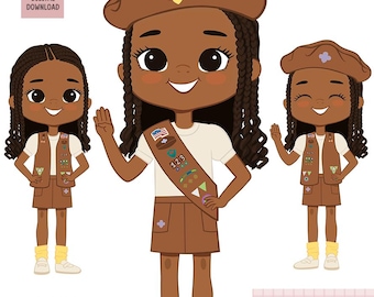 Clipart cheveux bruns brownie, joyeux scouts, graphiques scouts, art scout PNG, scouts brownies, gilet à ceinture, brownie fille afro-américaine