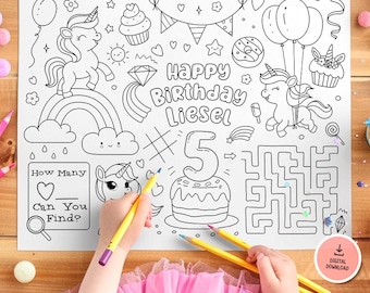 Personalized Unicorn Birthday Coloring Placemat • Custom Name And Age • Unicorn Party Activity Sheet •