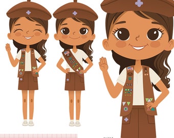 Brownie Brown Hair Girl Clip Art, Happy Scout Girl, Brownie Troop, Scout PNG, Brownie Troop Clip art, Sash Vest Uniform, Scout PNG Clipart