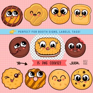 May include: A set of 15 cartoon cookie illustrations with smiling faces. The cookies are in various shapes and colours, including chocolate, sandwich, and round varieties. Text reads "15 PNG COOKIES".