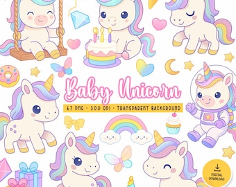 Baby Unicorn Clipart Set | Pastel Kawaii Unicorn PNGs for Birthday, Party, Nursery Decor | 67 Elements, 300 DPI Digital Download