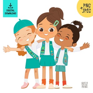 Juniors Scouts Uniform Clip Art, Scout Girl PNG, Junior Girls, Sash Vest, Troop Scouts Clipart, Scout Family Clip Art, Diverse Girls