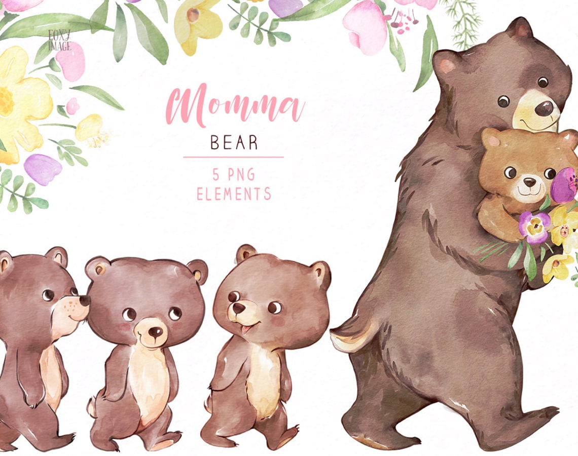Watercolor Mother & Baby Bear PNG Clipart, Family Illustration (digital ...