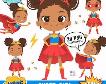 Black Superhero Girl Clipart • African American Birthday Party Decor • Instant Download Super Hero PNG