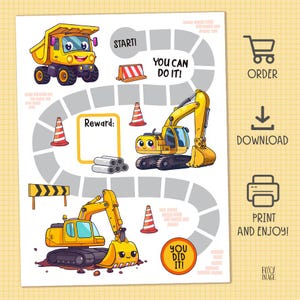 Könnte beinhalten: Ein druckbares Brettspiel zum Thema Bauen für Kinder. Das Spiel zeigt gelbe Baumaschinen, darunter einen Kipplaster und Bagger. Das Spielbrett hat einen grauen Hintergrund mit gelbem Rand und enthält den Text "Start!" und "You Can Do It!"