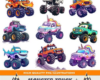 Monster Truck Clipart Bundle, 9 Cute Monster Trucks PNG, Dinosaur Dragon Unicorn Shark Truck Graphics, Kids Birthday Party Digital Download