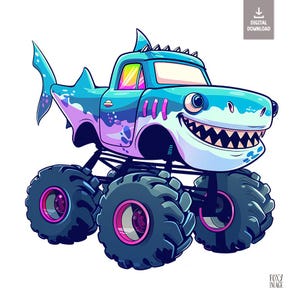 Imágenes prediseñadas de Monster Truck con tiburón, Monster Truck PNG, imágenes prediseñadas de vehículo todoterreno extremo, ilustración de Monster Truck para niños y niñas