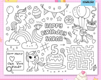 Unicorn Party Coloring Page Placemat, PRINTABLE Custom Personalized Activity Page for Birthday Party, Birthday Activity, DIGITAL DOWNLOAD