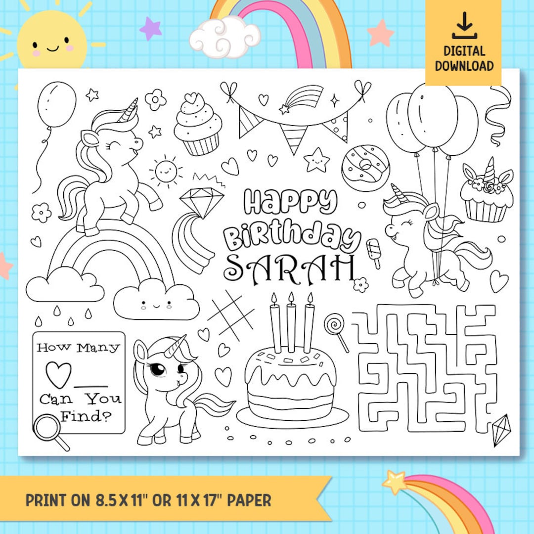 Editable Unicorn Party Coloring Page Placemat, PRINTABLE Custom ...