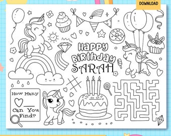 Unicorn Party Coloring Page Placemat, PRINTABLE Custom Personalized ...