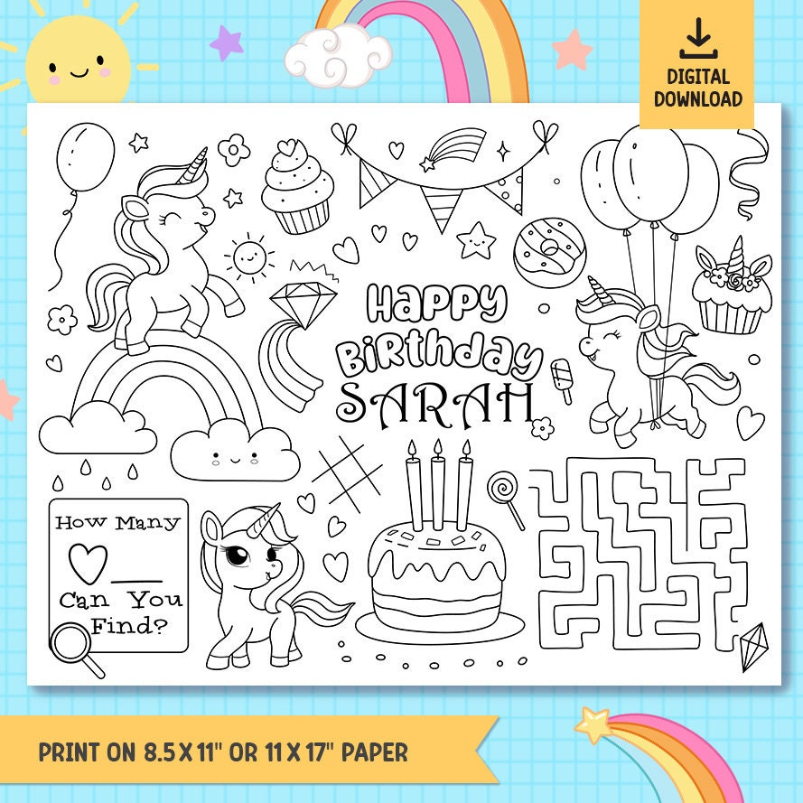 Editable Unicorn Party Coloring Page Placemat, PRINTABLE Custom ...