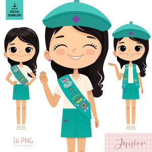 Junior Black Hair Girl Clip Art, Happy Scout Girl, Junior Troop, Scout PNG, Junior Troop Clip art, Sash Vest, Junior Uniform Scout