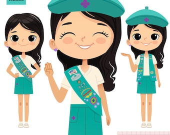 Clipart fille junior cheveux noirs, joyeuse scoute, troupe Junior, scout PNG, clipart de troupe Junior, gilet à ceinture, Scout uniforme Junior