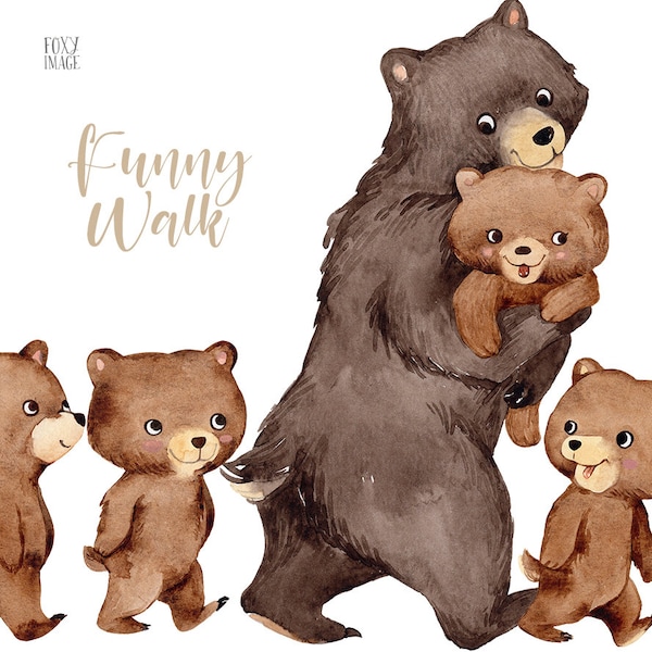 Watercolour PNG Mama Bear, Mother Bear And Kids, Animals Clipart, Little Bear, Baby Bear, Bear Illustration, Family Clipart, Love