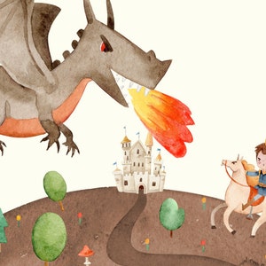 May include: A watercolour illustration of a prince on a white horse riding towards a castle. A grey dragon with orange wings is flying above, breathing fire towards the castle.