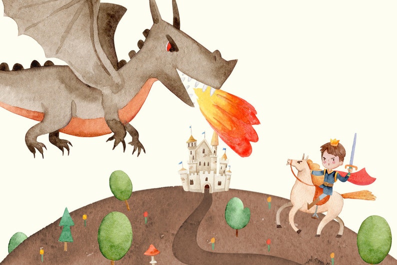 May include: A watercolour illustration of a prince on a white horse riding towards a castle. A grey dragon with orange wings is flying above, breathing fire towards the castle.