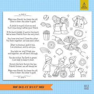 Make New Friends Coloring Page for Girls, Girl Troop Meeting Activity, Make New Friends Song Printable , Scout Collection Coloring Page,