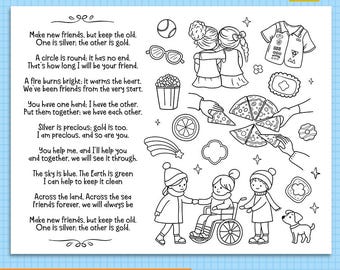 Make New Friends Coloring Page for Girls, Girl Troop Meeting Activity, Make New Friends Song Printable , Scout Collection Coloring Page,