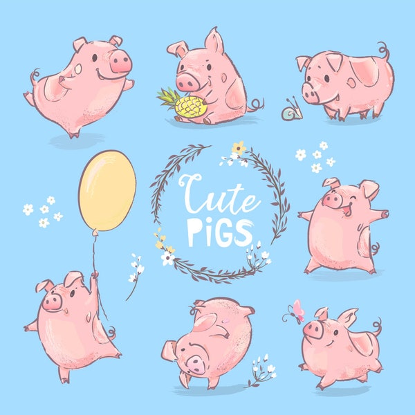 Clipart de bébé animal. Cochon. Ensemble de bébés porcelets. De mignons petits cochons roses dans différentes poses. Téléchargement numérique instantané, Pig PNG, Graphique, Clip Art