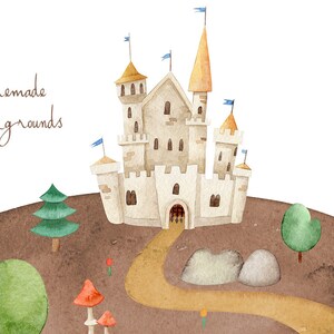 May include: A watercolour illustration of a white castle with yellow accents on a hilltop. The castle has a path leading to the front door. There are trees and mushrooms surrounding the castle.